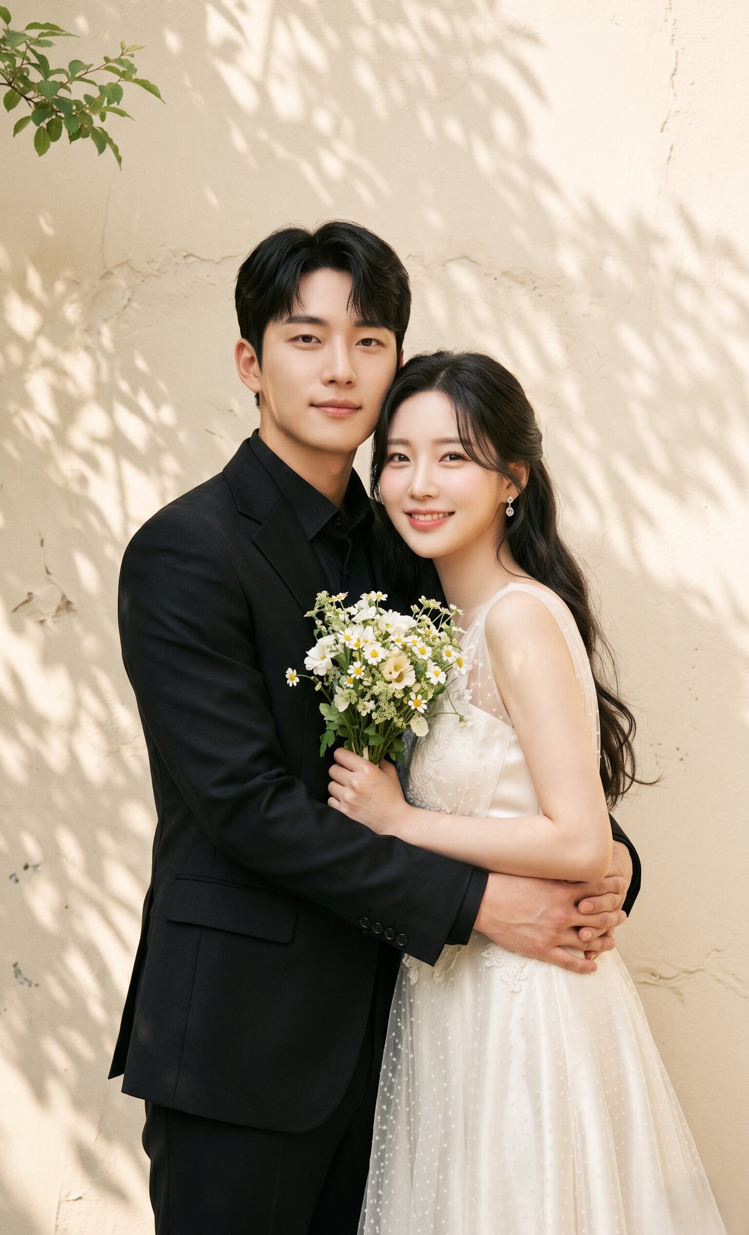 베이지 벽 머리 기댐 AI 웨딩스냅 예시